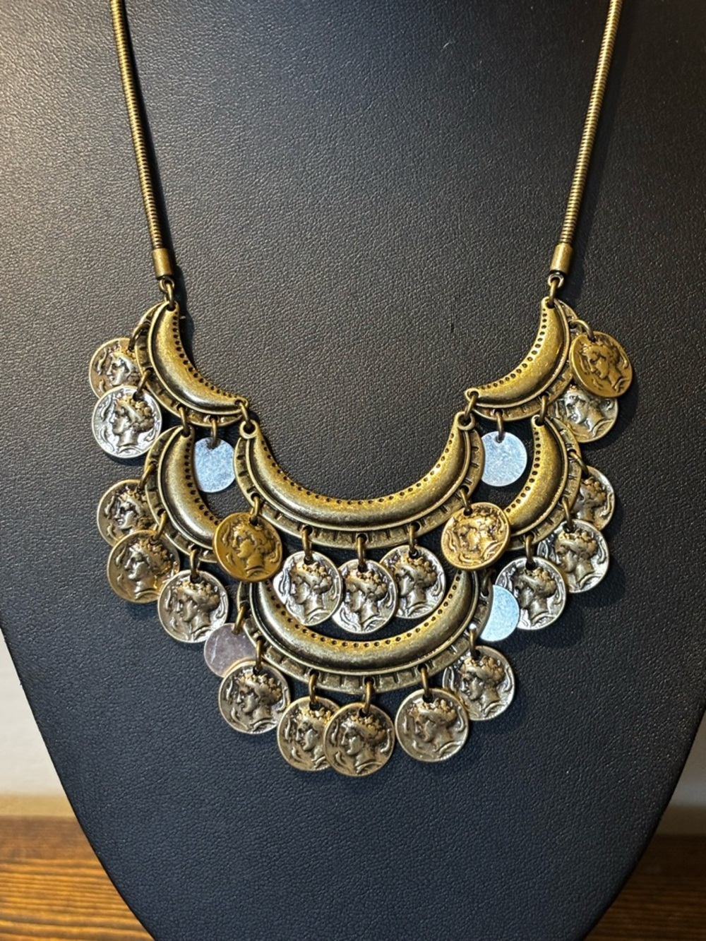 Jenny Bird Vintage-Style Coin Bib Statement Necklace – Antique Brass & Silver